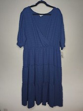 Ophelia Roe 2X Blue Faux Wrap Tiered V neck dress balloon sleeve