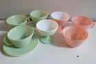 8 Vtg Hazel Atlas Shebert Milk Glass Pastel Pink Green Platonite Moderntone Set
