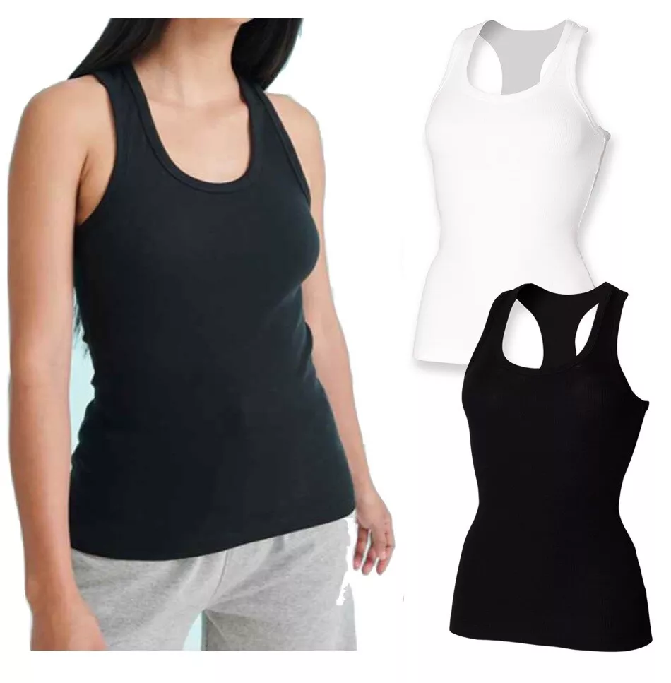 Womens Ladies BLACK or WHITE Stretch Cotton Rib Racer Back Vest Singlet  Tank Top