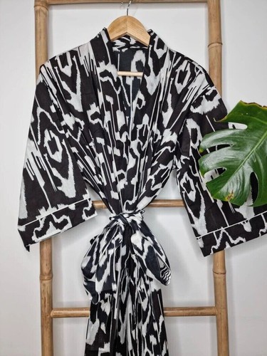 Black Floral Robe Indian Cotton Long Kimono Sleepwear Night Suit Kimono Robe AU