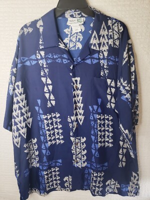 Makani Mens 2XL Blue & White Geometric Aloha Shirt Tribal Hawaiian S. S. SHIRT