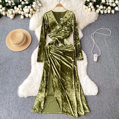 Womens Side Slit Slim Party Dress Ball Gown Elegant Velvet V