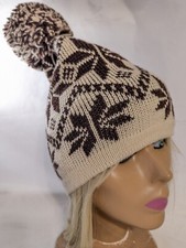 Wigwam Mills 100 Wool Ski Snow Beanie USA Brown Vtg Snowflakes Fair Isle 1980s