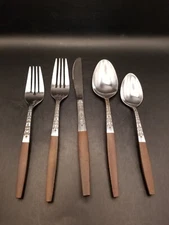 Vtg MCM interpur INR2 wooden handle 5 piece set silverware made in Japan
