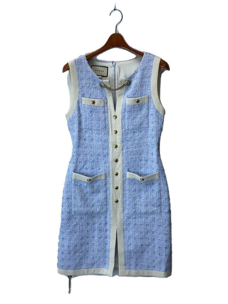 GUCCI Altro MIX Abito smanicato tweed con cintura 38 cotone blu 550373