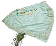 Rare Vintage Sage Green Pure Silk Saree Hand Embroidered Fabric 5.5 Yard Sari
