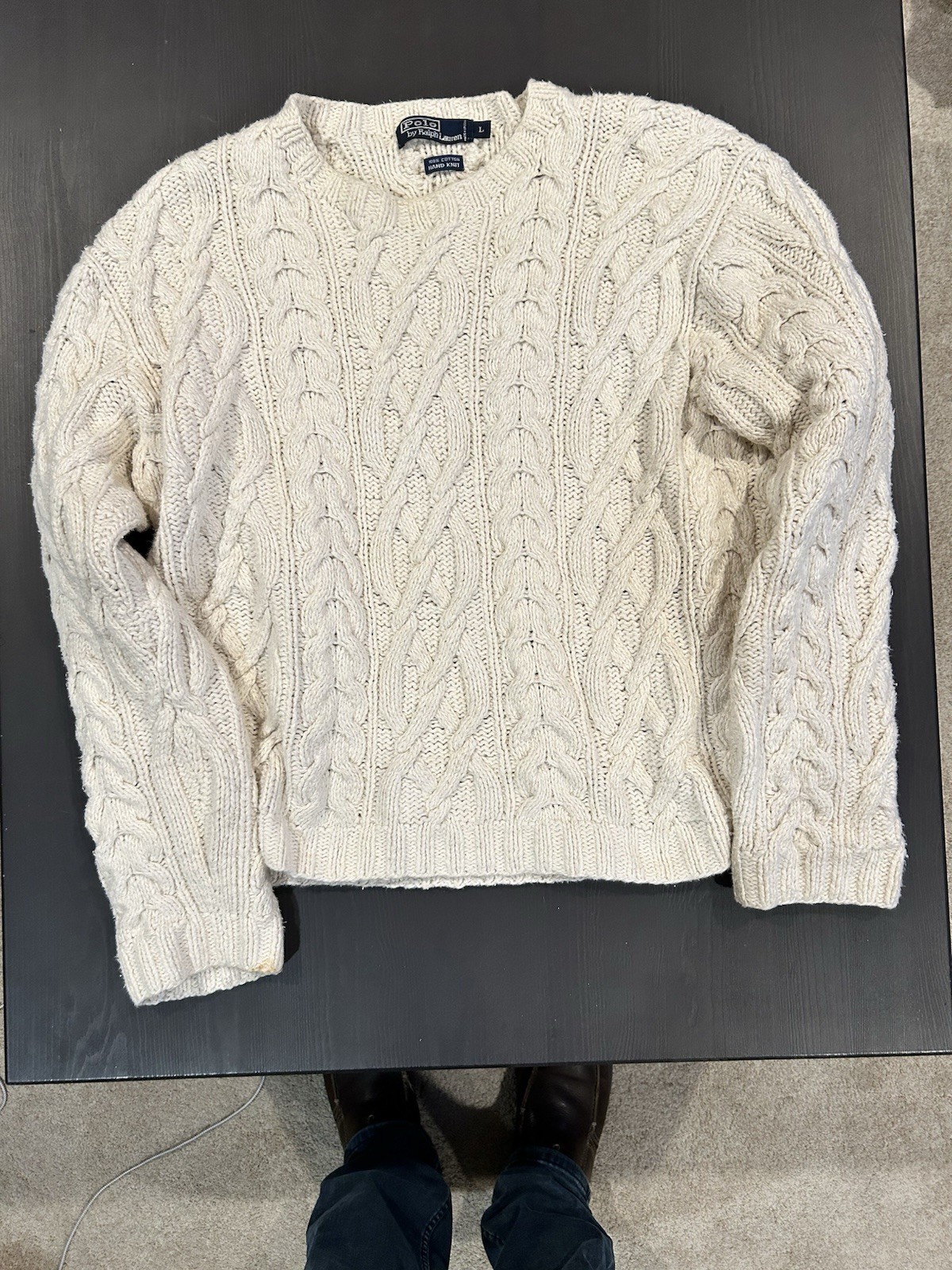 VTG Polo Ralph Lauren Hand Knit Fisherman Cable Sweater Cotton - Large Cream