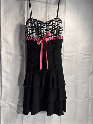 Vintage Y2K Taboo Zebra Print Hot Pink Black Ruffle Layered Short Dress Small