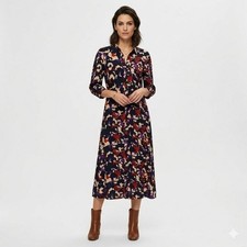 *Selected Femme Black Long-Sleeve Floral Midi Dress Abstract Print Sz 34