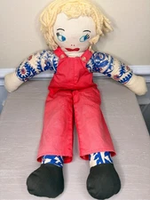 19" Handmade Cloth Rag Doll ~ Embroidered Face, Yarn Hair & Red Overall, Floral