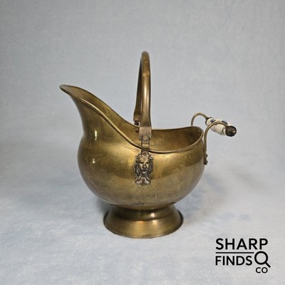 Antique Brass Coal Scuttle Lion Mask Delft Handle Victorian Fireplace Hod