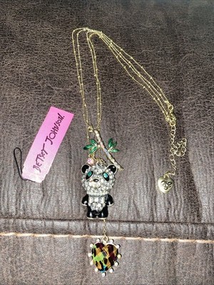 Betsey Johnson koala bear, bamboo heart dual necklace rhinestones adjustable New