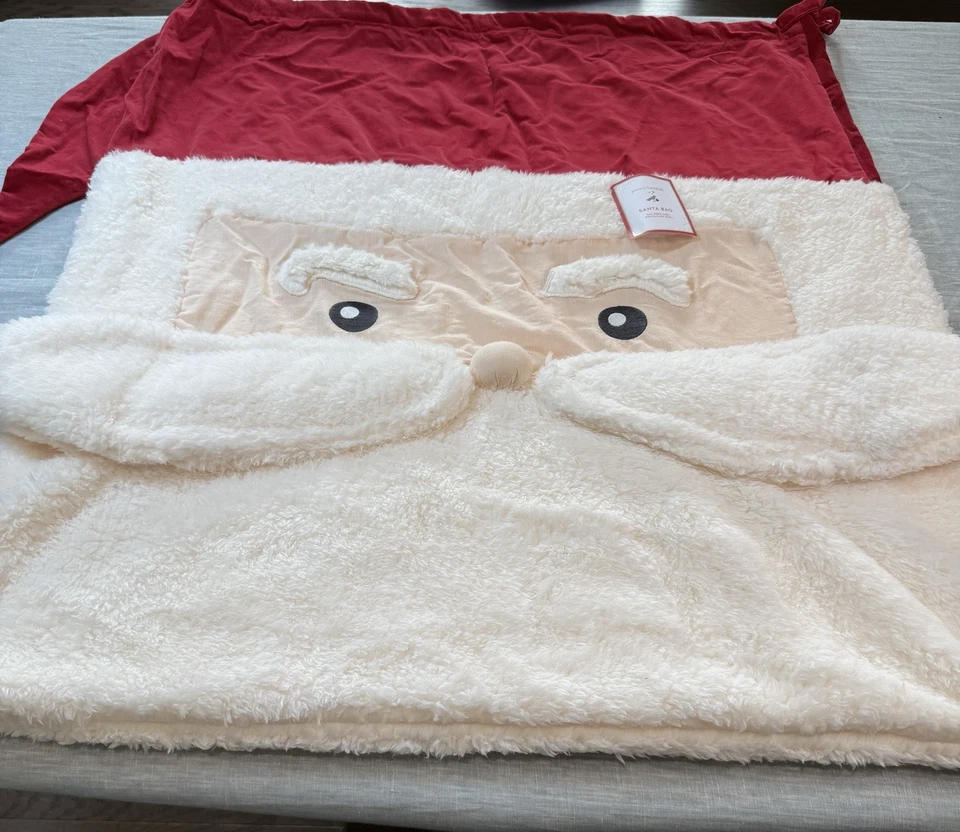 POTTERY BARN KIDS SHERPA SANTA 面部 SANTA 包,大号 33 X 40 英寸圣诞礼物袋 — 第 3/4 张图片