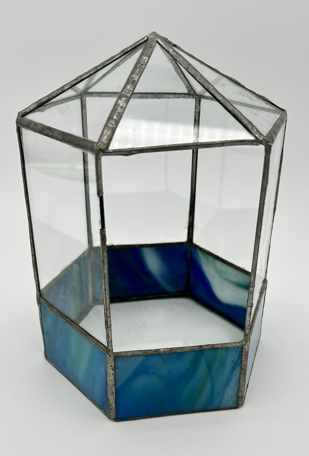 Vintage Blue Clear Stained Glass Terrarium Plant Display Can
