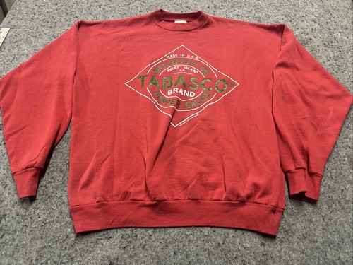 Vintage Tabasco Sweatshirt Herren 2XL rot Spruch Rundhalsausschnitt Fleece Logo Hanes Etikett