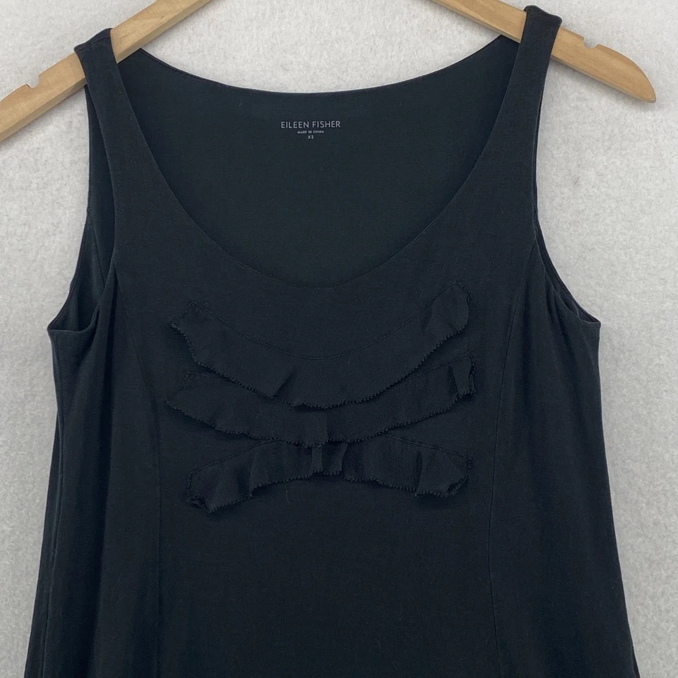 Vestido EILEEN FISHER XS Seda Algodón Acanalado Jersey Seda Chifón Ribete Cambio Tanque Negro Foto 4 de 4