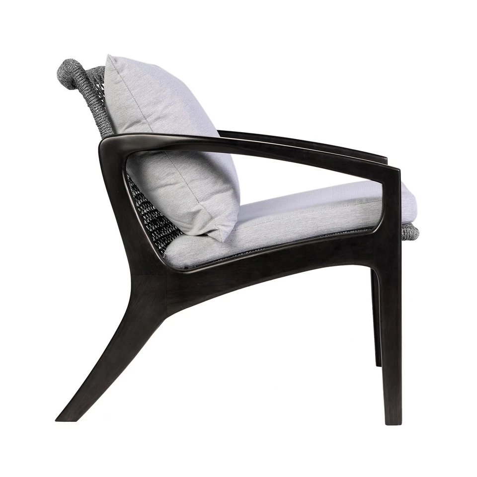 Outdoor Chair in Dark Eucalyptus Wood and Gray Rope with White Cushions - Image 4 of 4