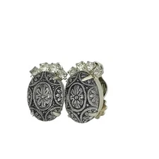 Vintage White Iridescent Oval Floral Rhinestone Silver Tone Clip on Earrings