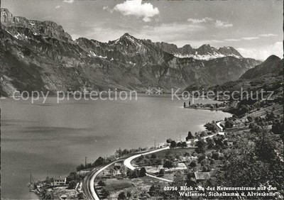 Filzbach Blick von der Kerenzerstrasse auf Walensee Sichelkamm und Alvierkette