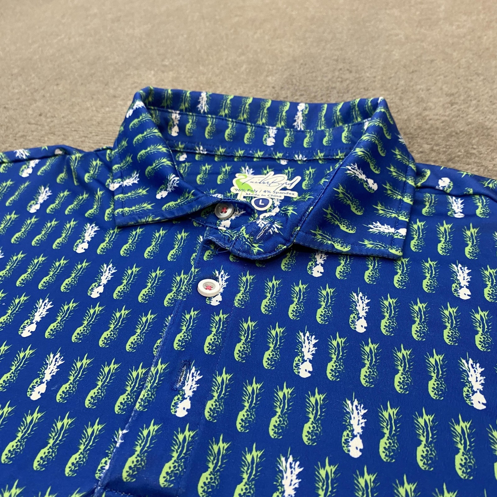TailorByrd Polo Shirt Mens Large Blue Pineapple Print Golf Performance Stretch