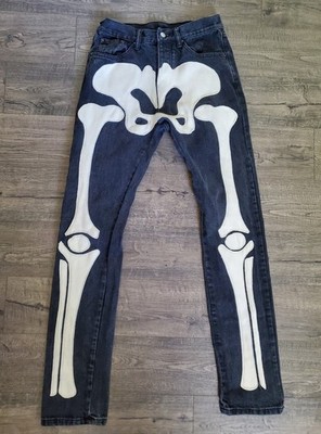 MNML Skeleton Bones Denim Jeans Mens 31x34 Black Grunge Button Fly