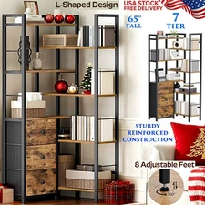 L-SHAPED BOOKSHELF 7-TIER CORNER BOOKCASE 3 DRAWERS OPEN STORAGE DISPLAY RACK
