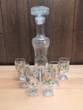 Vintage Decanter Carafe  6 Glasses MCM Made In Italy Footed Green Gold Foliage