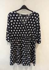 F&F Ladies Cross Over Knee Length Dress Size 12 Navy And White Polka Dot FLAW