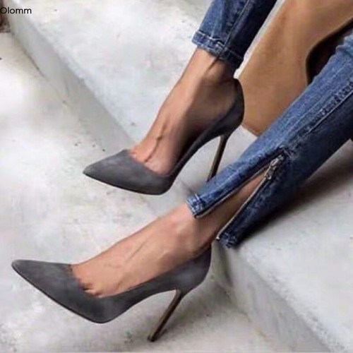 Hecho a mano bombas de Mujer de Moda Sexy Zapato Taco Alto Zapatos De Salón  En Punta Gris | eBay
