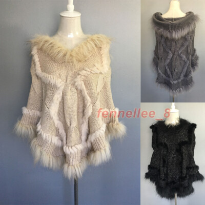 Real Raccoon Fur Trim Shawl Pullover Womens Real Rabbit Fur Knitted Hooded Cloak