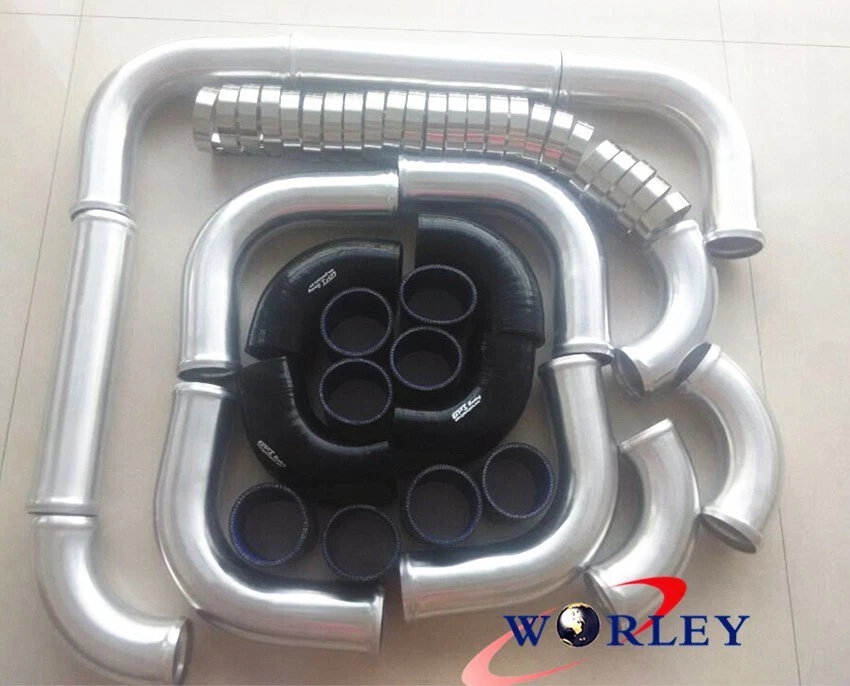 2.5" 64mm Universal Aluminum Intercooler Turbo Pipe piping Kit+Black Hose+Clamp - image 2 of 4