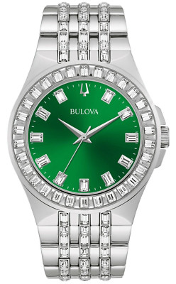 Bulova Men's Quartz Crystal Accents Green Dial Silver Tone Watch 42mm 96A253