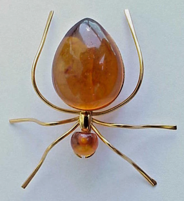 RUSSIA SOVIET USSR BALTIC AMBER GOLD SPIDER BROOCH SILVER JEWELRY