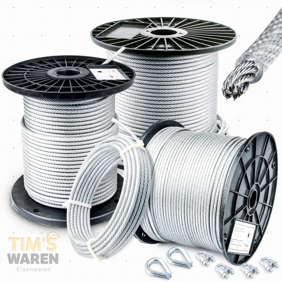 TIM'S WAREN 6mm - STAHLSEIL PVC SET: 2 Kauschen 4 Klemmen Seil Seile Drahtseil DIN ummantelt