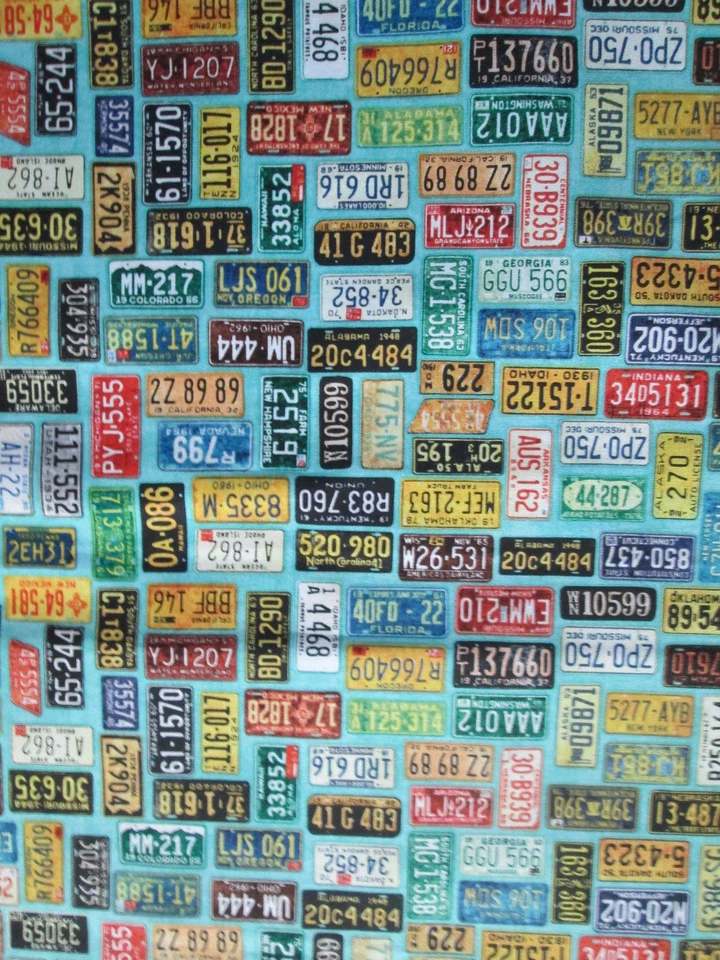 RETRO LICENSE PLATES HISTORICAL ROUTE 66 VIBRANT COLORS BLUE COTTON FABRIC FQ - Image 2 of 4