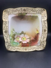 Antique Nippon Hand Painted Gold Gilt Square Bowl  Floral Gold Maple Leaf Mark
