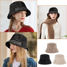 Women Fluffy Faux Fur Sherpa Fuzzy Vintage Warm Fisherman Hats Winter Bucket Hat
