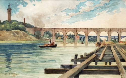 Gemälde Aquarell Fluss Brücke William Frazee Strunz Amerikanischer Künstler 1897 - Picture 3 of 11
