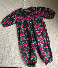 Vintage Baby B Good Floral Bubble Romper Coveralls Girl Green Pink Roses Smocked