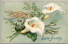1910s Tuck's EASTER Religious Embossed Postcard Cross / Star of David / Lilies
