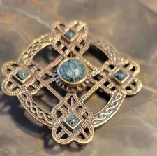 Irish Bronze Celtic Cross  brooch with connemara marble stones