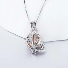 Dazzling 925 Sterling Silver Zircon Butterfly Pearl Cage Pendant Necklace