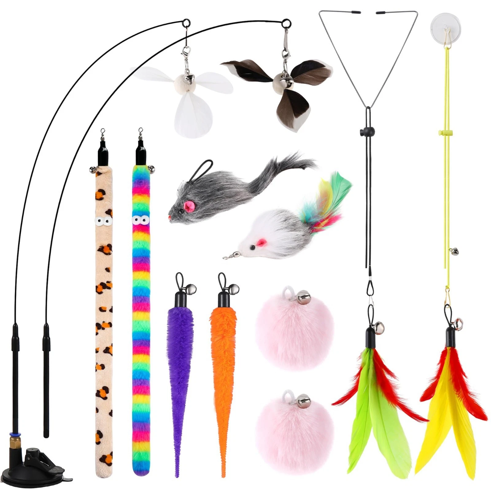 4-in-1 Interactive Cat Feather Toys Set, 12 Durable Fishing Pole Replacements, S