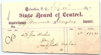 1897 SC State Board of Control Alcohol Billhead Orangeburg