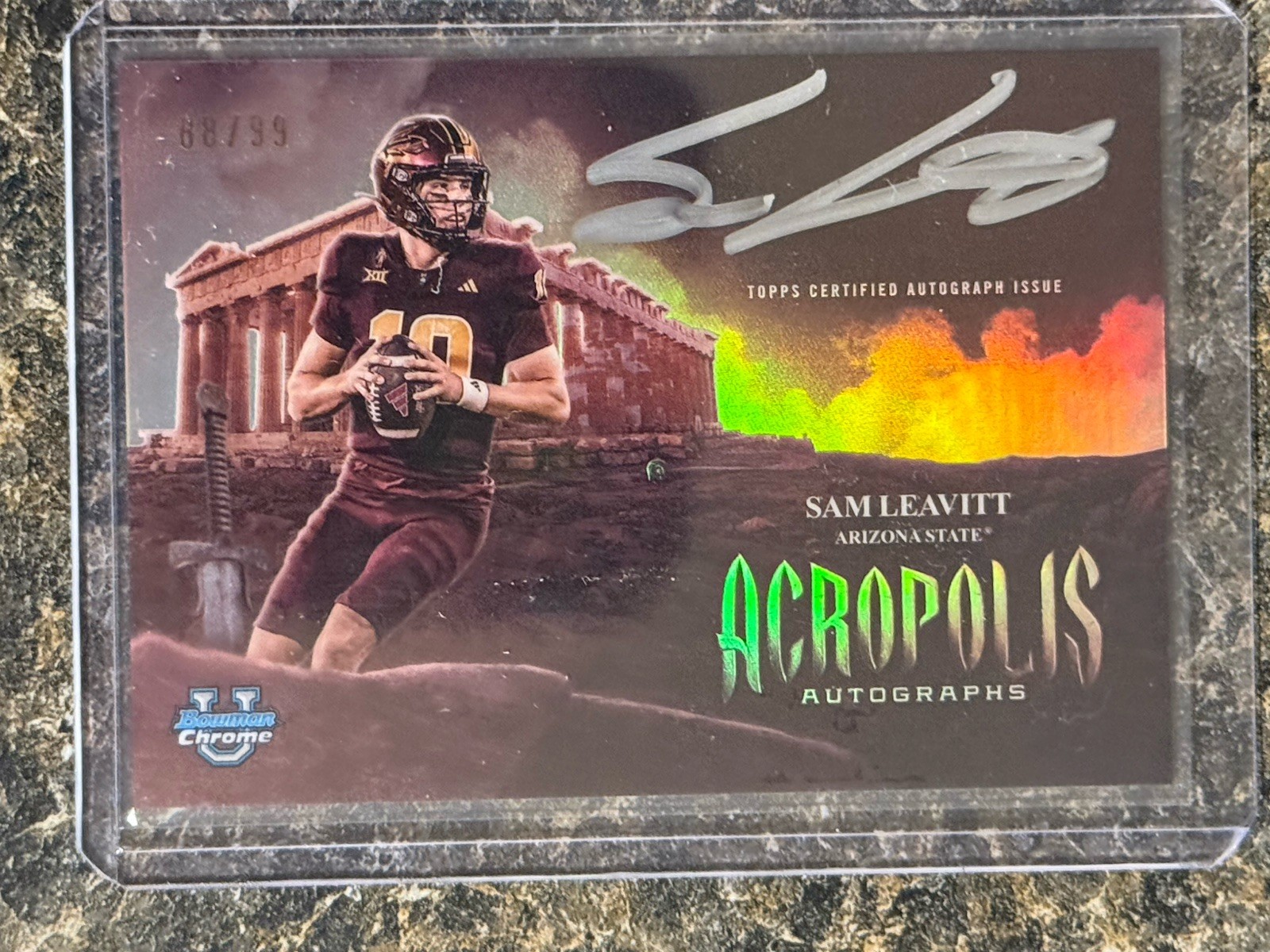 2025 Bowman University U Chrome Sam Leavitt Acropolis On Card Auto Rc /99