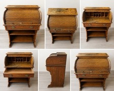 Vintage Solid Oak Roll Top Bureau / Writing Desk with Drawer & Shelving