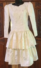 Vintage 80's SCOTT McCLINTOCK 6 IVORY Damask LACE Dress Wedding TIERED Midi