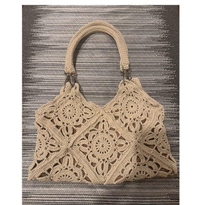 Handmade Beige Crochet Satchel Double Handles Magnetic Snap Lined Inner Pockets