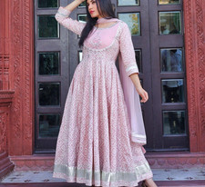 Light Pink Cotton Anarkali Kurta Pant Set with Net Dupatta Plus Size XS-7XL