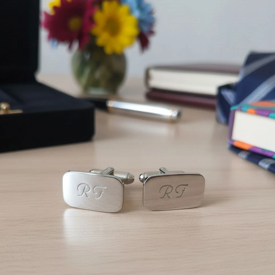 Gemelli uomo da polso rettangolari in argento 925 con iniziali incise - Immagine 3 di 3